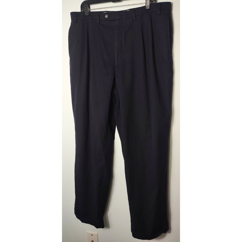 Navy Solid Pleated Front Dress Pants Mens 38X43 Classic Fit cuffed
